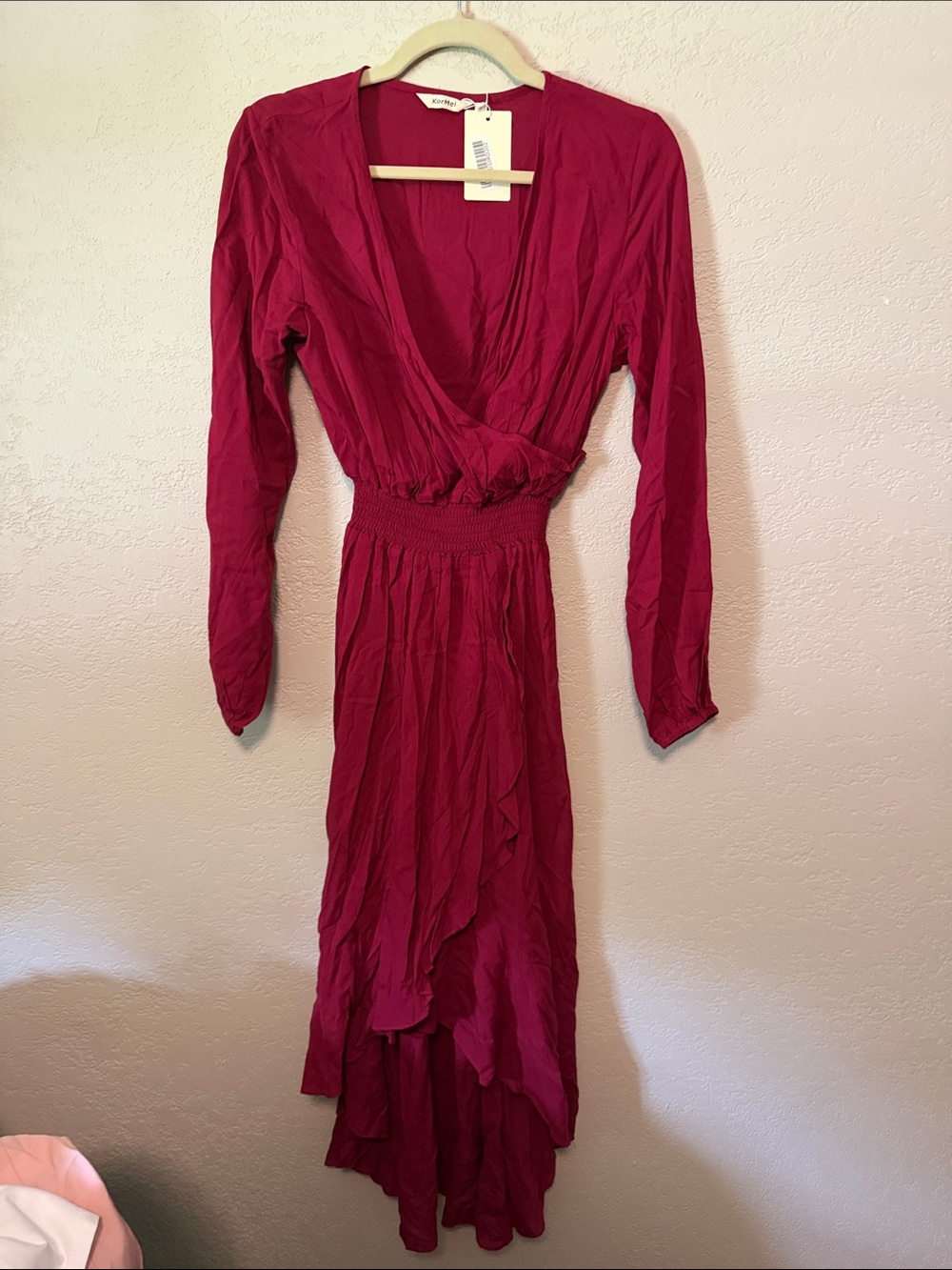 Womens Deep Raspberry Wrap Maxi Dress with Smocked Waist